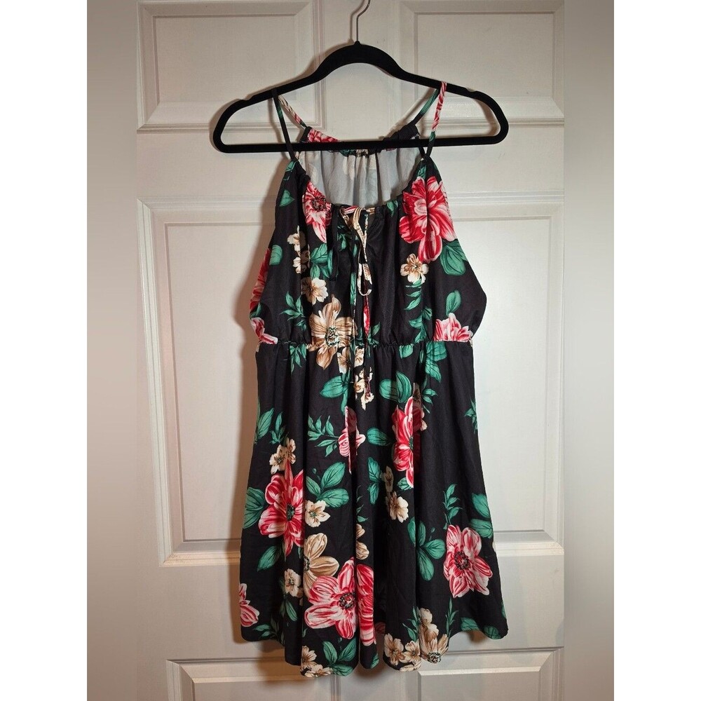 Black Floral Sundress with Green Leaves Tie Front XL